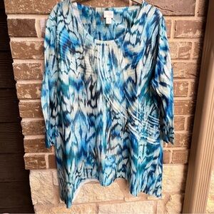 Chico's Women's Blue and Cream Scoop Neck 3/4 Sleeves Blouse, XL